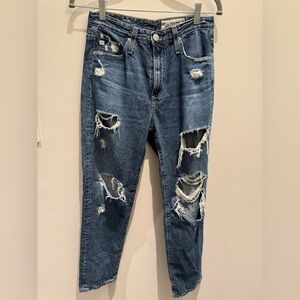 AG Adriano Goldschmied Distressed Dark Blue Cropped Jeans